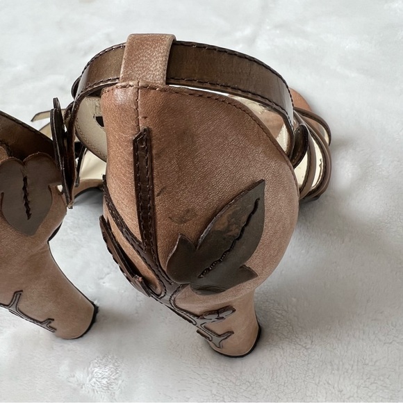 Prada Leather Square Toe Ankle Strap Sandals vintage 2000s y2k bronze floral - Picture 7 of 8